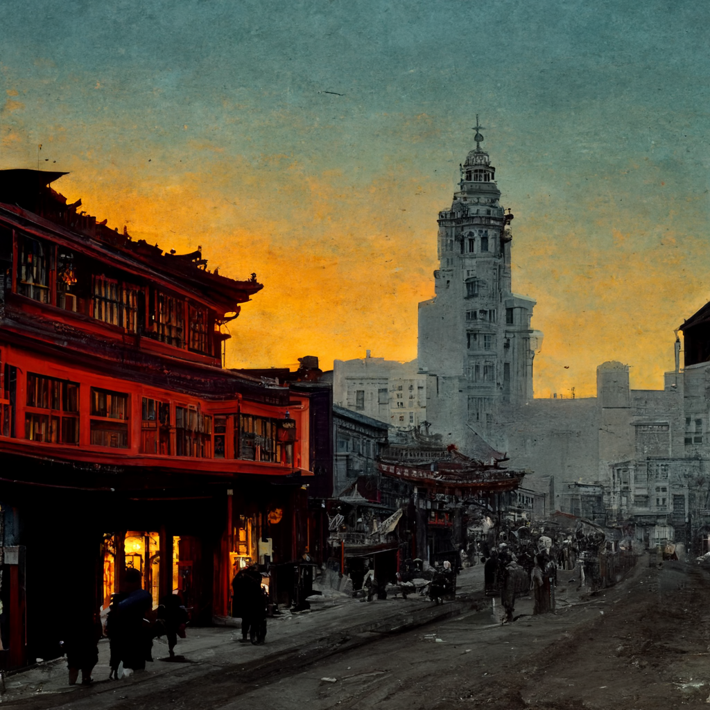 a digital rendering of a town at dusk, at the foreground, a red building with amber lighting, in front of railroad tracks