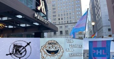 a collage of images including a trans flag in front of a Marriott hotel and an illustration of Gritty, the mascot of the Philadelphia Flyers, with the words "this monster eats fascists"