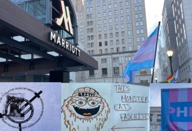 a collage of images including a trans flag in front of a Marriott hotel and an illustration of Gritty, the mascot of the Philadelphia Flyers, with the words "this monster eats fascists"