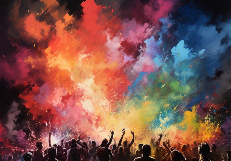 a painting of a large crowd with rainbow smoke rising from it