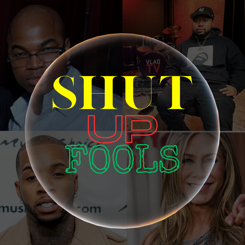 A square box with four photos, yellow, red, and green lettering that spells "Shut Up Fools". The four photos depicts this week's picks for the "Shut Up Fools" award.  