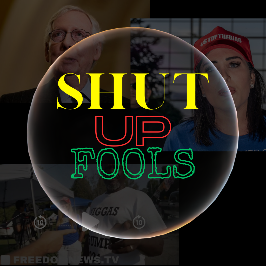 A black box with three photos of this week's Shut Up Fools with yellow red and green lettering spelling out shut up fools inside a bubble.  