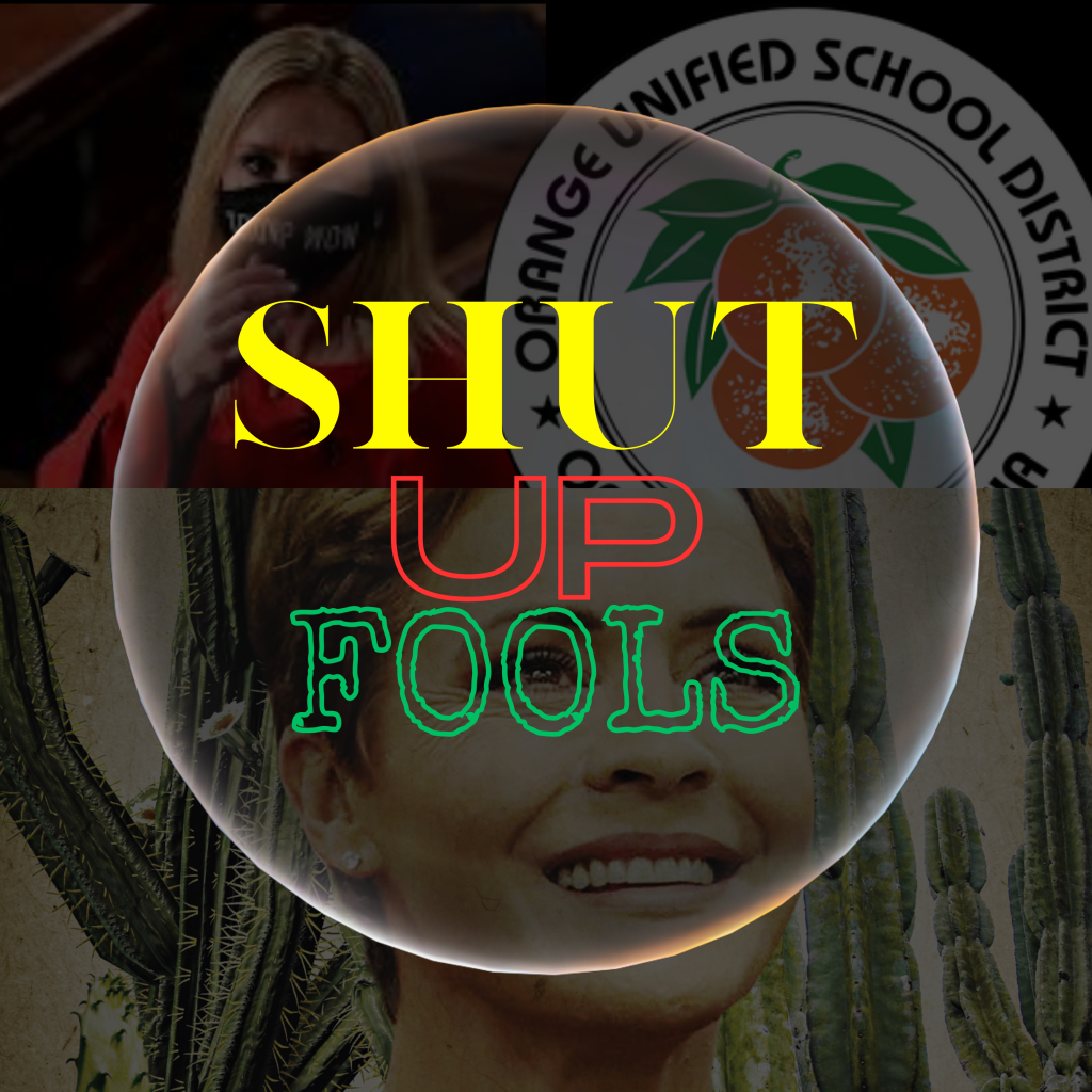 Blacked out square with 3 photos representing this week's shut up fool recipients.  Shut Up Fool is in yellow red and green lettering.  