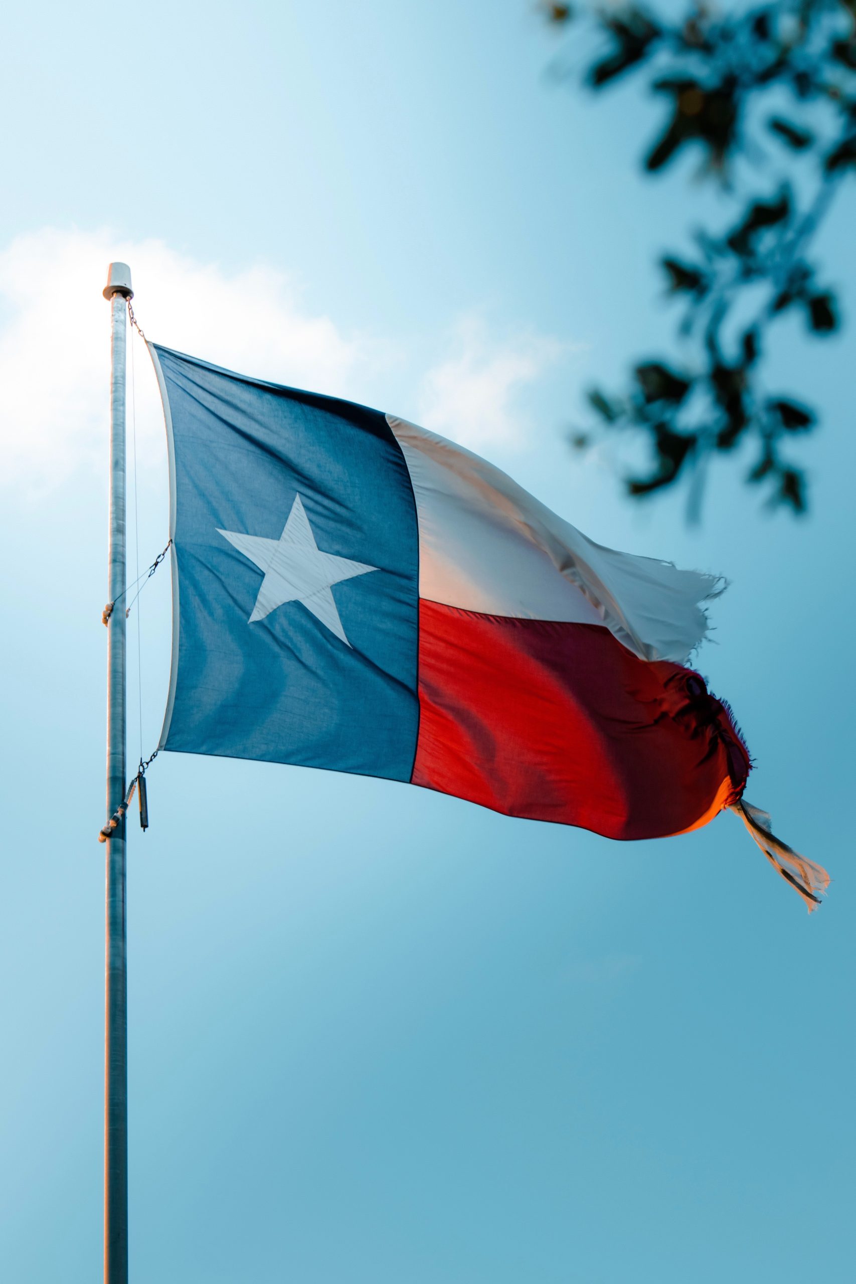 A texas flag flying outdoors, a blue sky in the background