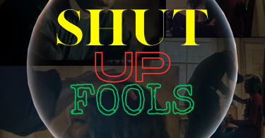 A bkackened box with four photos of this week's shut up fool recipient. Shut Up Fool is in yellow, red, and green lettering surrounded by a bubble.