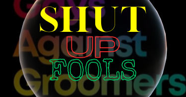 A Black square with photos of this week's shut up fool awardees. Yellow red and green lettering spell out Shut Up Fools surounded by a bubble.