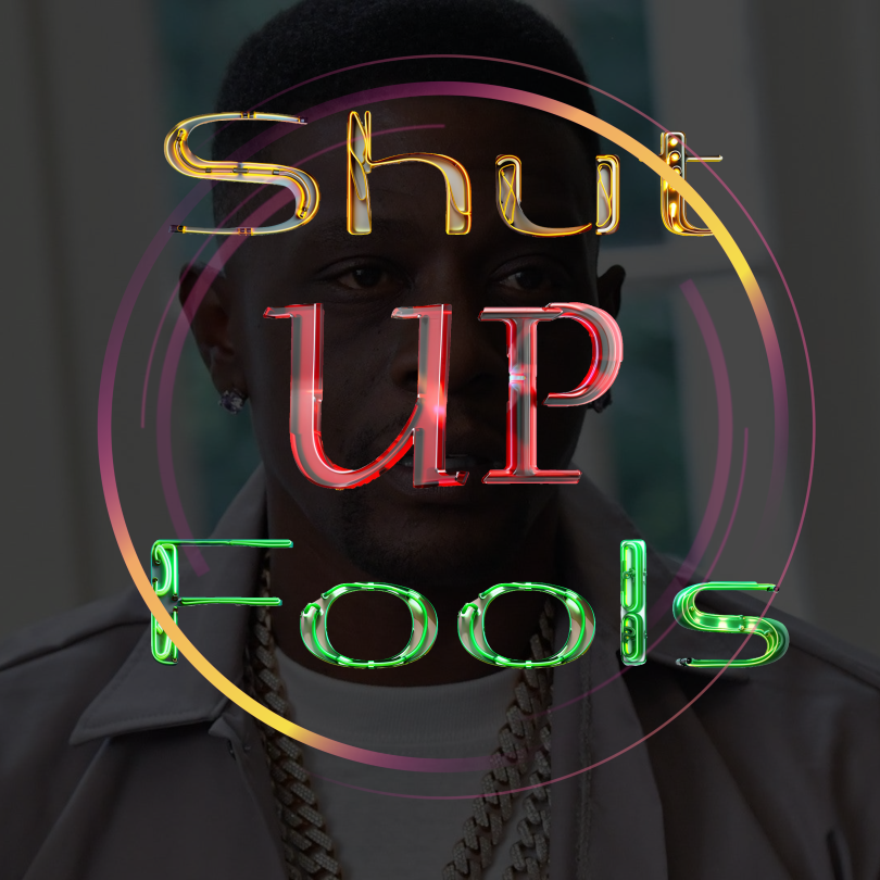 A blackened box with a photo of this week's shut up fool Lil Boosie. Shut Up Fool is in yellow, red, and green lettering surrounded by two duotone circles.